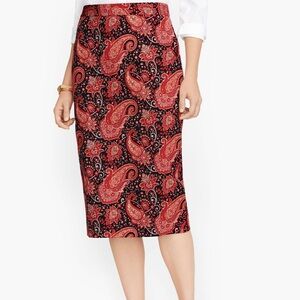 Talbots black red pink paisley print office career stretch pencil skirt size 10